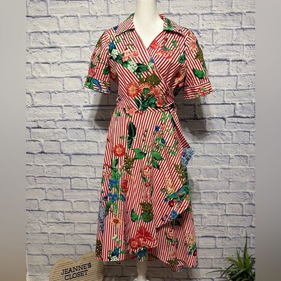 Calvin Klein Floral Striped Wrap Dress  High Low Red Pinstripe Pinup Size 8 - Picture 4 of 10